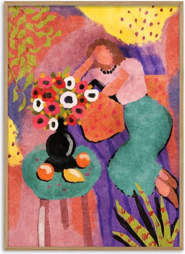 Abstract woman in green skirt rests beside table with vase of flowers and fruit. Home sweet home, Raissa Oltmanns.