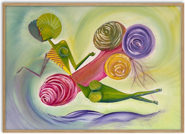 Imperfect Analysis by Emil Walli - a green figure among pink and purple spiral forms in oil on canvas