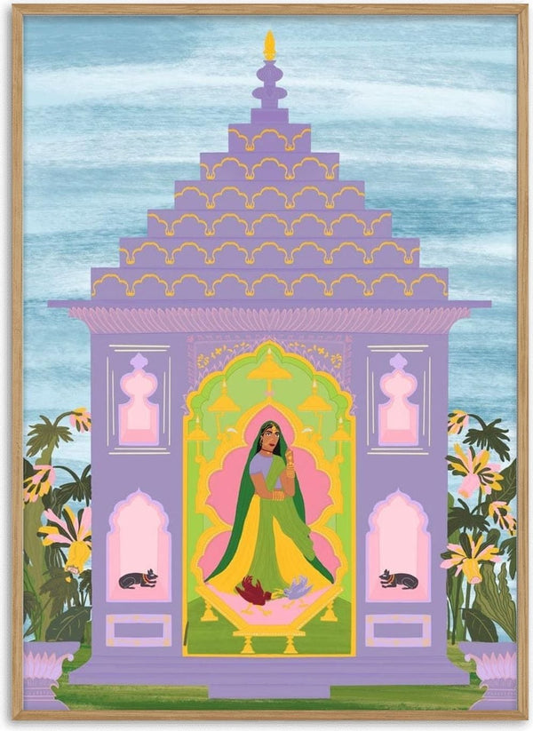 Illustration of a woman in traditional dress standing inside a purple ornate temple, surrounded by flowers and cats.