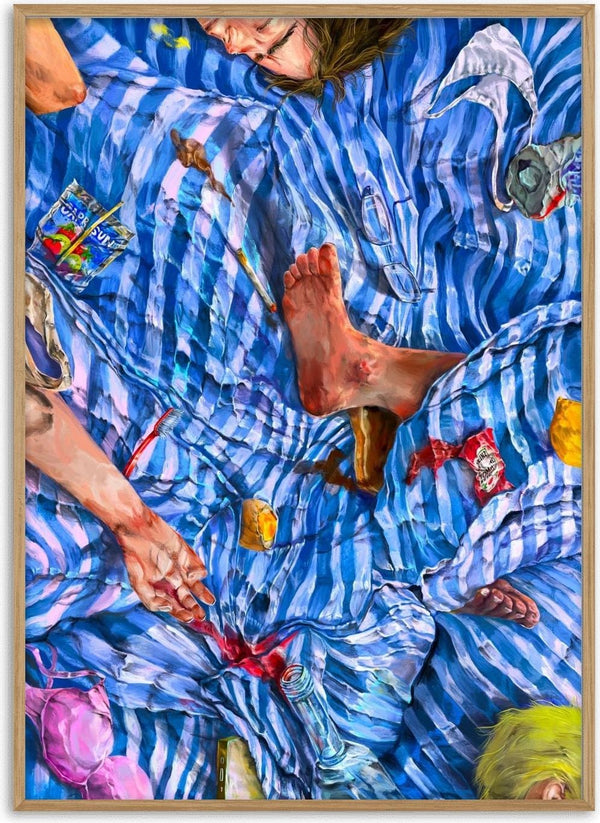 Intimate Morning After by Natascha Baumgärtner – woman asleep on rumpled blue striped sheets after a night out