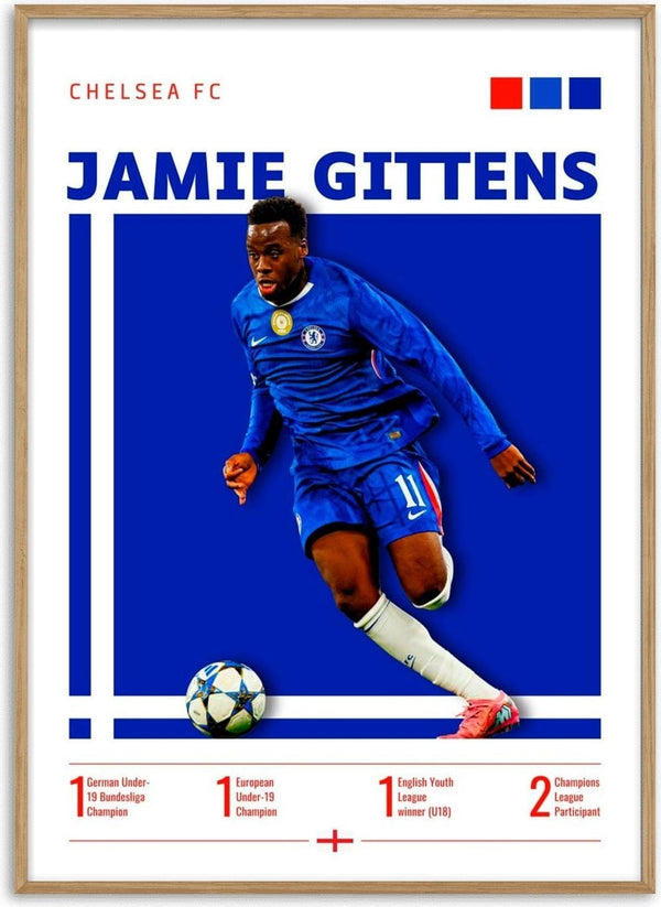 Poster of Jamie Gittens in Chelsea kit, with team colors and accomplishments shown at the bottom.