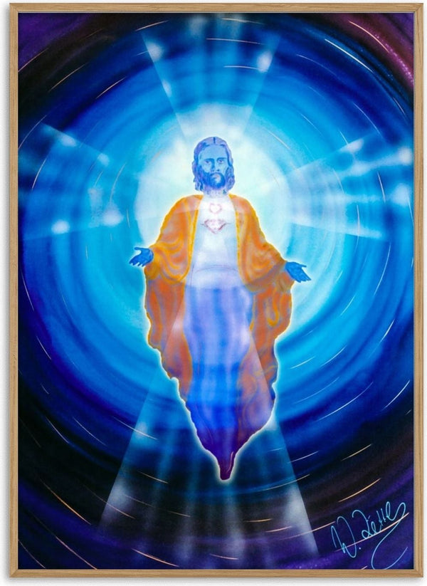 Jesus by Walter Zettl - a figure in an orange cloak with open arms inside rings of blue light