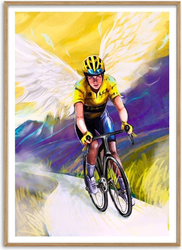 Illustration of a cyclist in yellow jersey with angel wings, riding on a mountain road; art by Danii Steinfeldt.