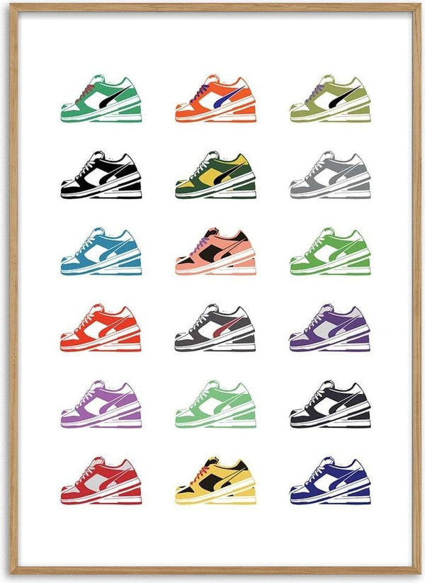Colorful sneaker illustrations arranged in a grid, showcasing shoe designs for Just Shoe It by Danii Steinfeldt.