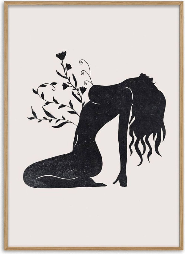 Minimalist illustration of a woman in a yoga pose with flowers and leaves growing from her back.