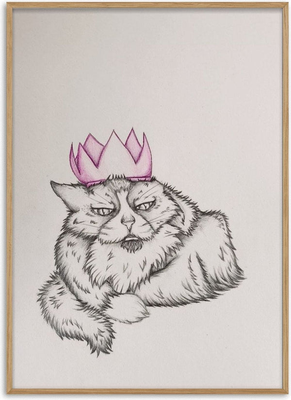 King Tony the cat by CarolineV - a pencil drawing of a long-haired cat wearing a pink crown