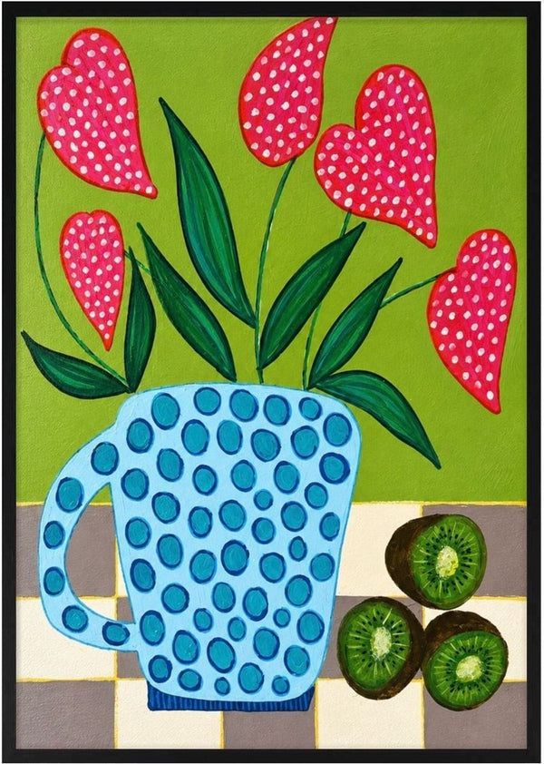 Kiwi My Heart by LGDyrby - heart-shaped pink flowers in a dotted blue mug with three kiwi halves