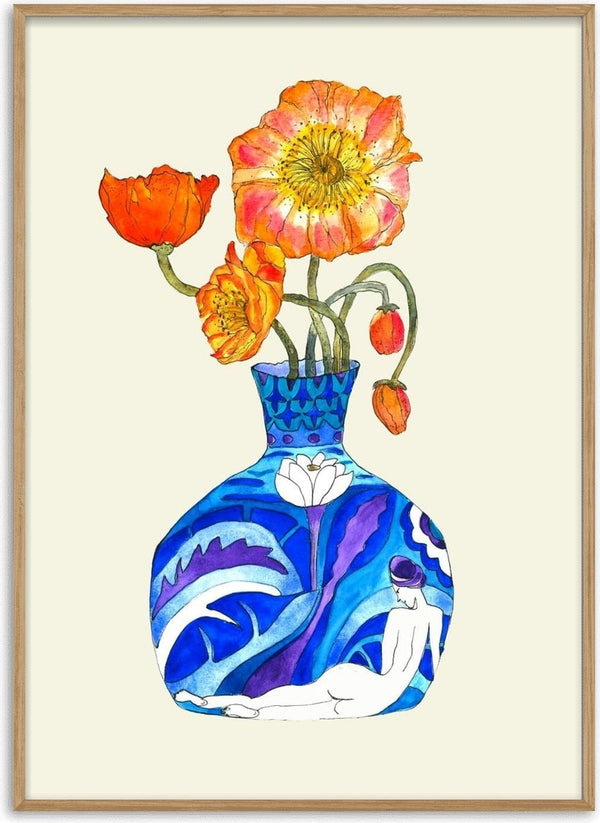 Laides Poppy by Marjorie Salvagni - orange poppies in a cobalt vase painted with a reclining figure