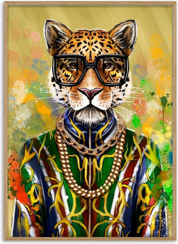 Stylish leopard wearing glasses, gold chains, and a colorful patterned jacket on a vibrant background.