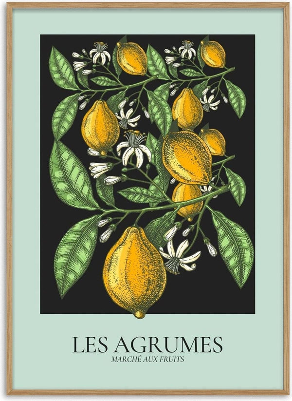 Illustration of yellow citrus fruits and green leaves with the text "Les Agrumes" on a Les Agrumes Green Plakat product page.