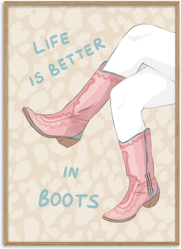 Life is better in boots by Lisen Vennesland - pink cowboy boots and white trousers on beige leopard print