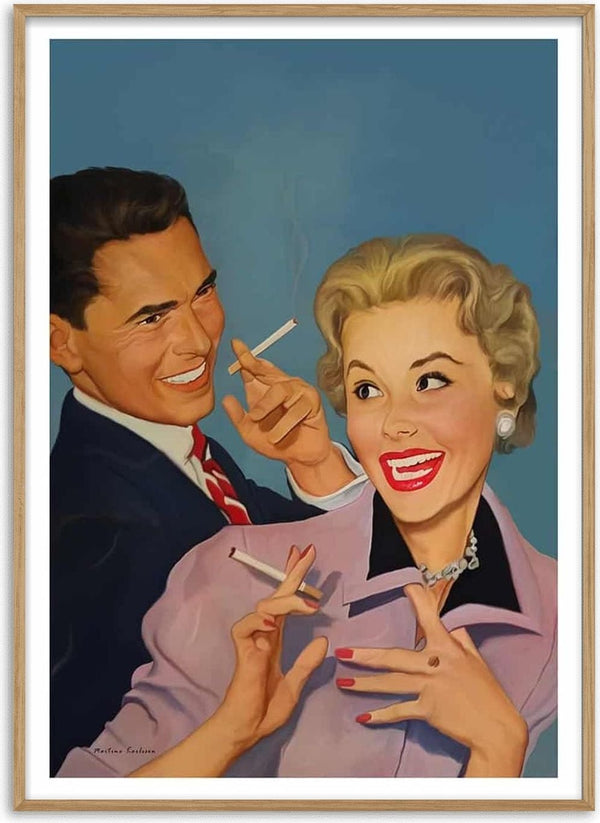 Retro-style illustration of a smiling man and woman holding cigarettes, featured on Lift me up by Martina Karlsson.