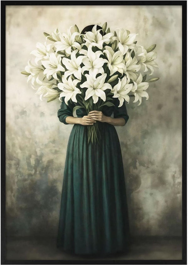A person in a green dress holds a large bouquet of white lilies, obscuring their face.