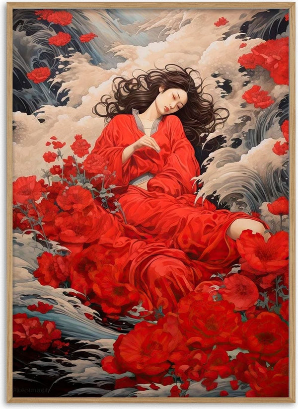 Woman in a flowing red dress surrounded by vibrant red roses, inspired by Love N Roses - David Wolf.