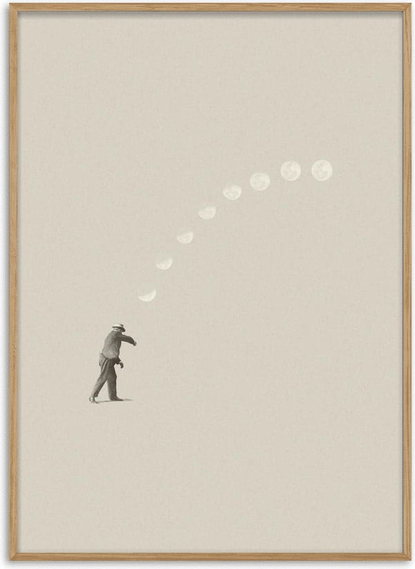 A man tossing a white ball in an arc, minimalistic style. Product: Lucky shot by Maarten Léon.