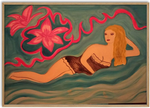 Lying Blonde by Carmen Coduri - a blonde woman reclining under a coral ribbon on broad green waves