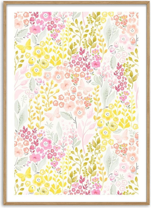 Poster with pink and yellow flowers, green leaves, and soft pastel accents in a botanical pattern.