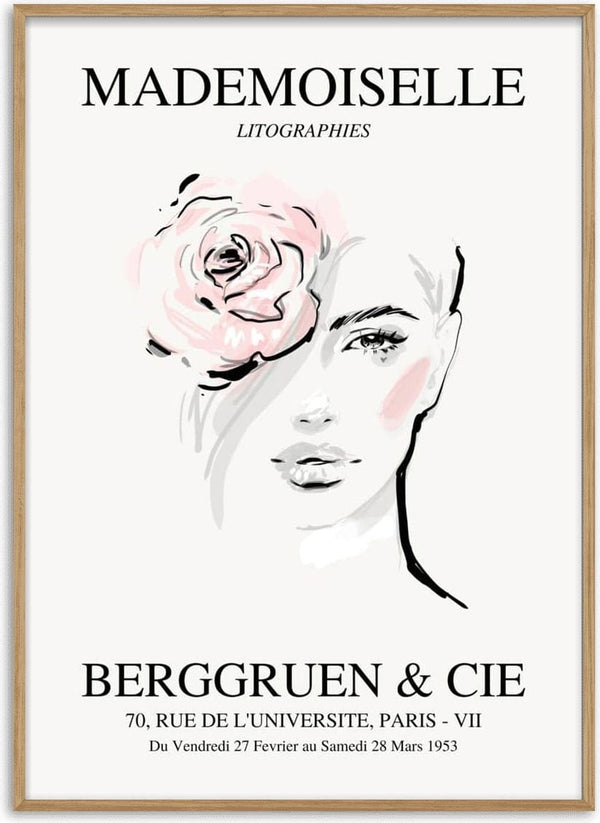 Poster for Mademoiselle exhibition #3 featuring a minimalist female portrait with a large pink rose.