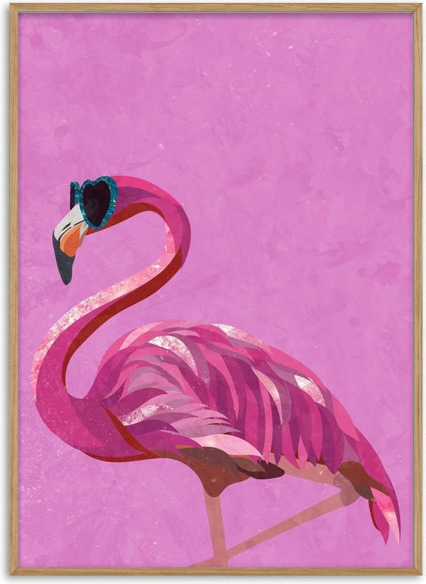 Stylized magenta flamingo with heart-shaped sunglasses on a pink background. Magenta Metallic Flamingo by Sarah Manovski.