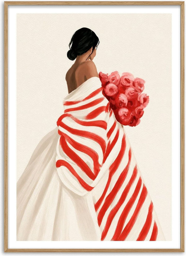 Make It on my Own by Martina Karlsson - a woman seen from behind in a red-striped gown holding red and pink roses