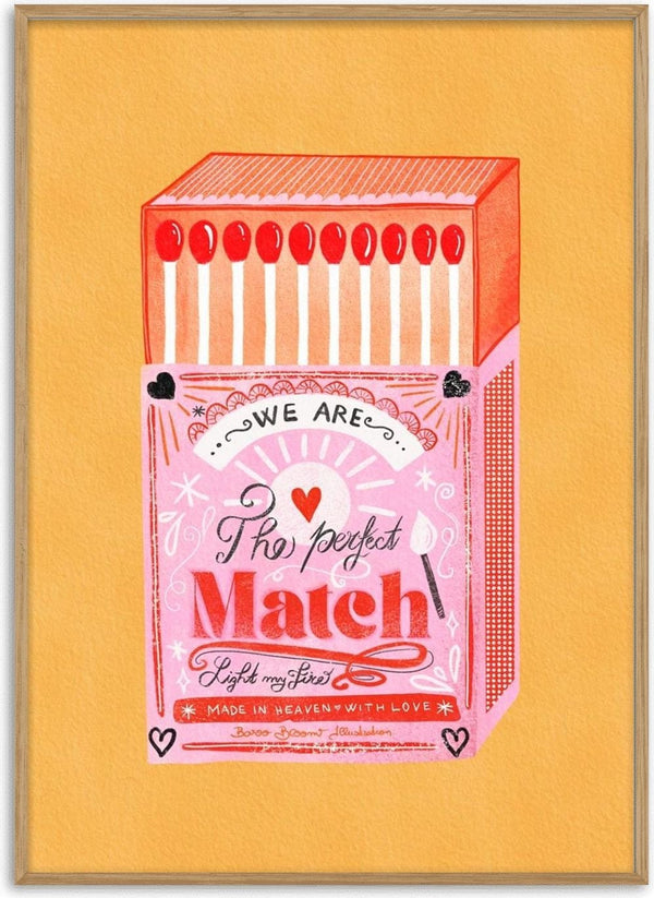 Illustrated matchbox labeled "The Perfect Match" with hearts, shown on orange background for Baroo Bloom product.