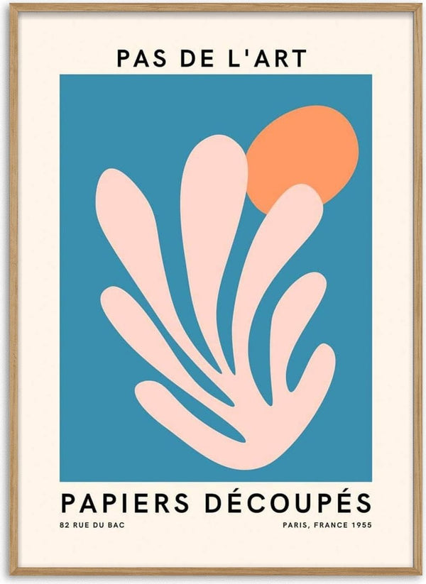 Abstract pink shapes and an orange circle on a blue background, French art inspired plakat design.
