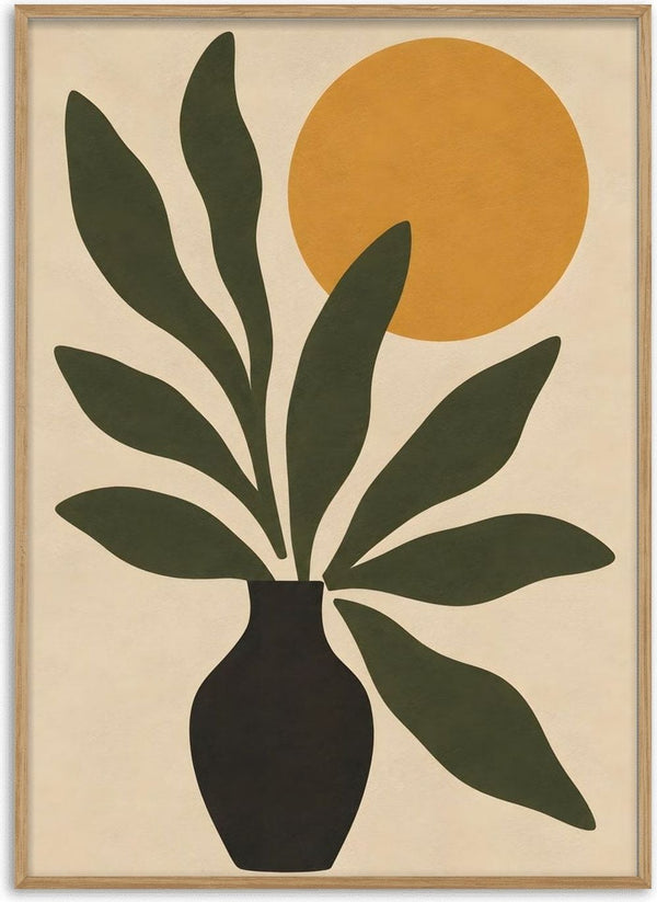Minimalist Botanical Still Life with Sun by TimlessArtworks - olive leaves in a black vase before a mustard sun