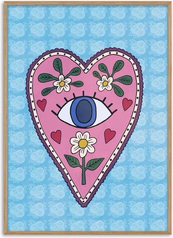 Folk art poster of a pink milagro heart containing a blue eye and white daisies on a powder blue floral background.