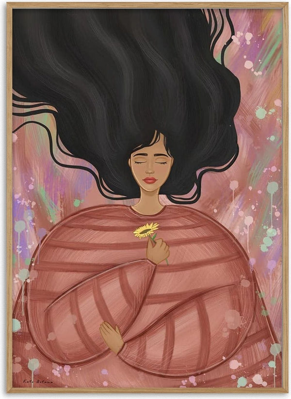 Illustration of a woman with long black hair holding a yellow flower, featured on Mind my Body by Kate Aitana.