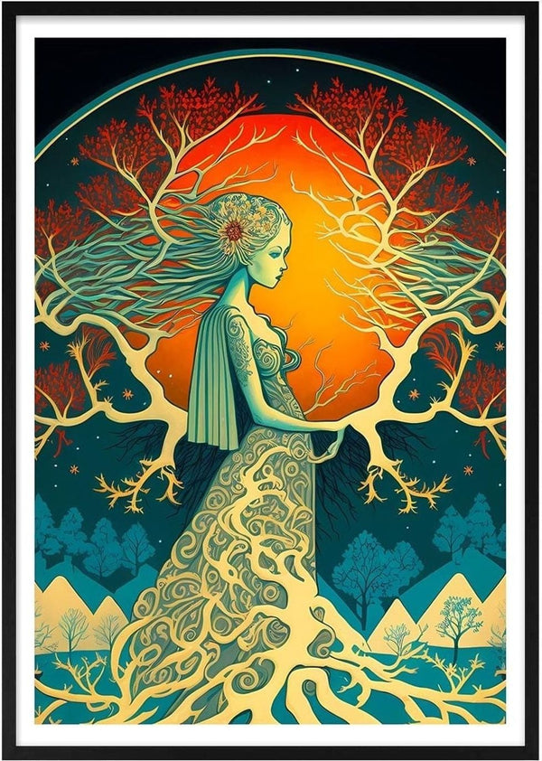 Artistic image of Mother Nature with flowing hair and branches, set against a vibrant sunset and mountain backdrop.