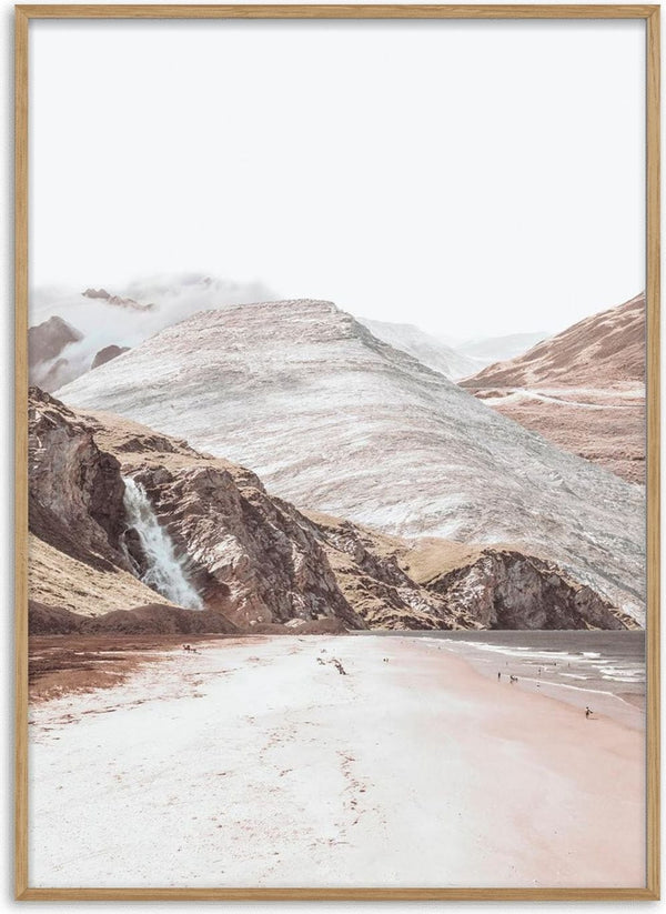 Minimalist poster featuring soft pastel mountains, gentle clouds, and a tranquil landscape scene.