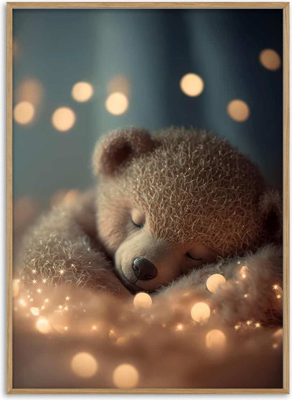 A fluffy teddy bear peacefully sleeping with soft glowing lights, promoting My Sleeping Teddy - Treechild.