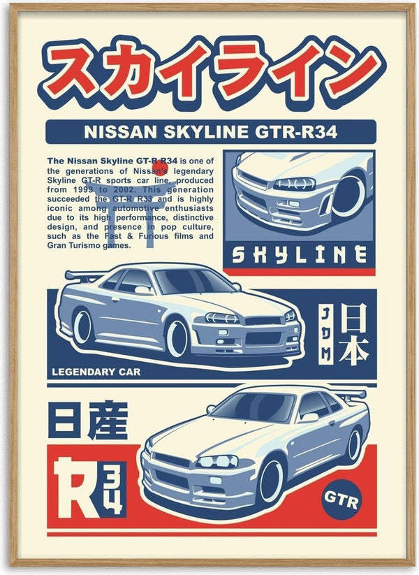 Nissan Skyline GT-R R34 by Kaminarirace - three views of the R34 with red katakana and poster type