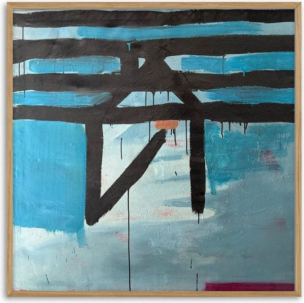 Pier in Blue by Samuel - dripping black bars forming a pier-like structure over pale blue