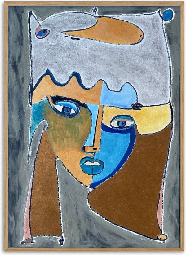 Nymfes Queen by Art Guveau - cubist face split into blue and ochre planes on grey