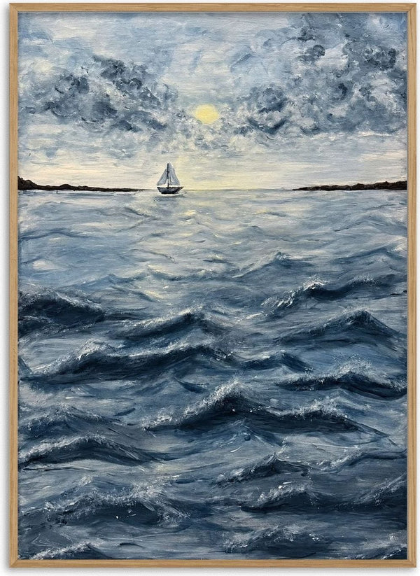 Ocean for my sister by Maya - rolling navy waves with a small white sailboat under a pale sun