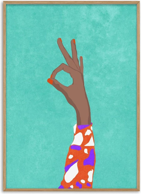 Illustration of a hand making an "OK" gesture, wearing a colorful patterned sleeve on a teal background.