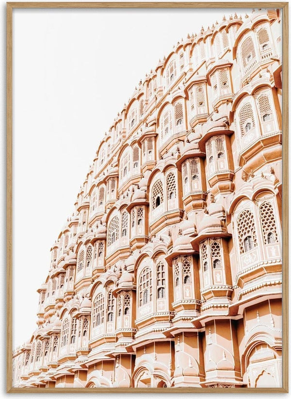 Old Indian palace facade with ornate windows and arches in warm, earthy tones. Wall art plakat design.