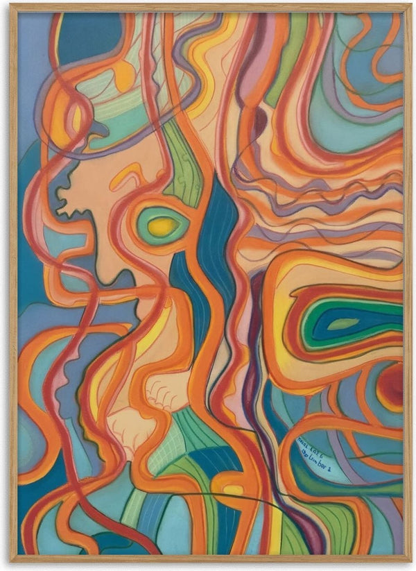 Old Man Running by Gerard Ceulemans - abstract pastel of a figure in profile with flowing orange, red and lilac lines on teal