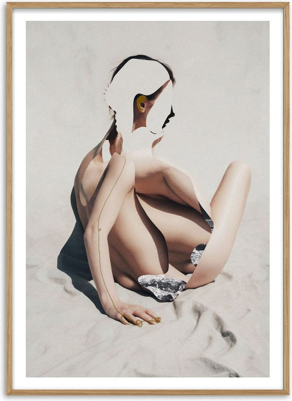 Over the void by Rocio Montoya - a seated figure cut apart and reassembled on pale sand