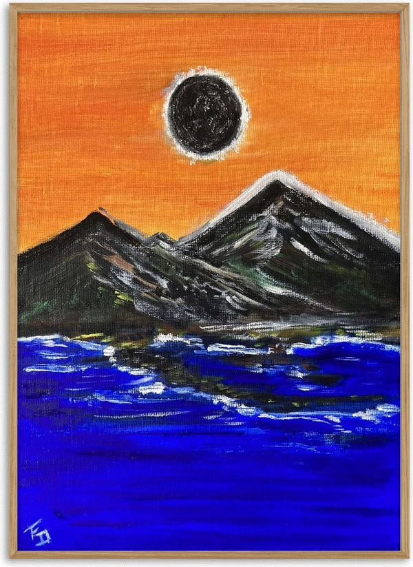 Overshadow by Fábio Diniz Art - black eclipse in an orange sky over mountains and a deep blue sea