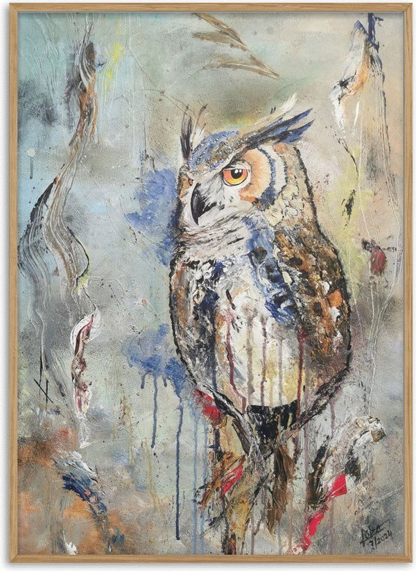 Owl by Lüba - a horned owl in white, brown and blue on a mottled grey ground with red accents