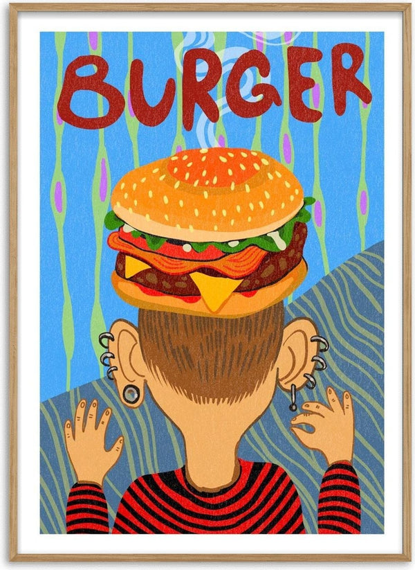 Illustration of a person with a burger on their head, used for På Hovedet Burger by Nina Broen.