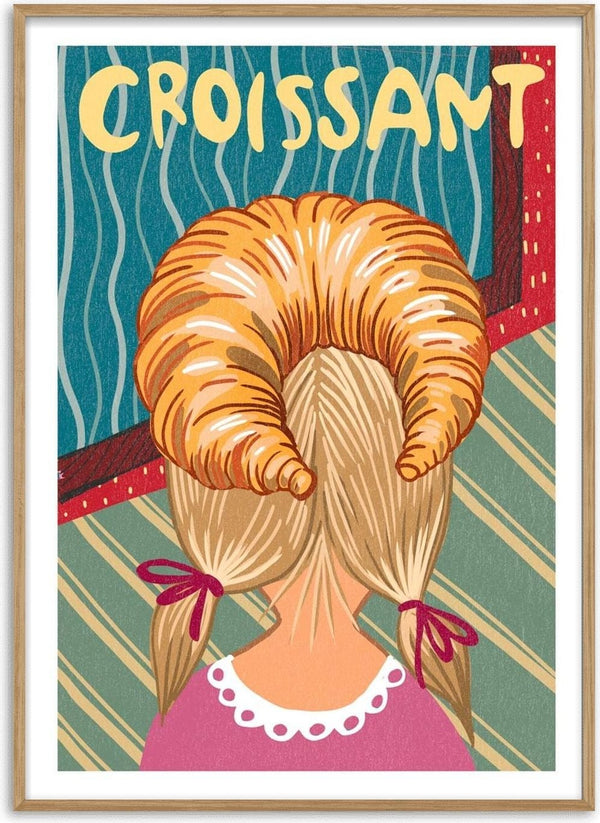 Illustration of a girl with blonde pigtails styled to resemble a large croissant, with "CROISSANT" above her head.