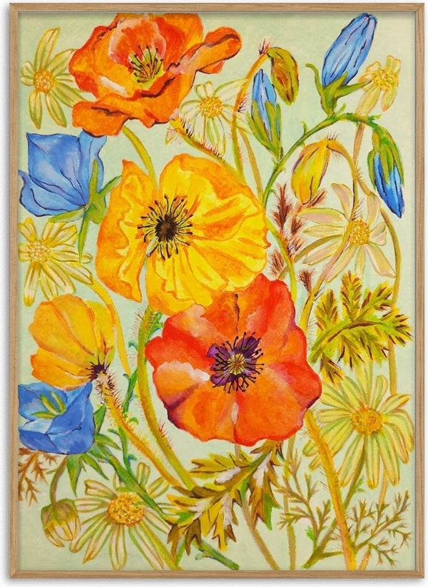 Papaveri e margherite by Maria Emanuela Fiori - orange poppies, blue bells and cream daisies on pale mint