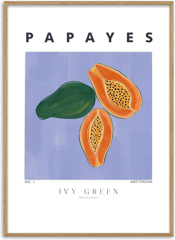 Illustration of whole and sliced papayas on a light purple background, labeled "Papayes - Ivy Green".
