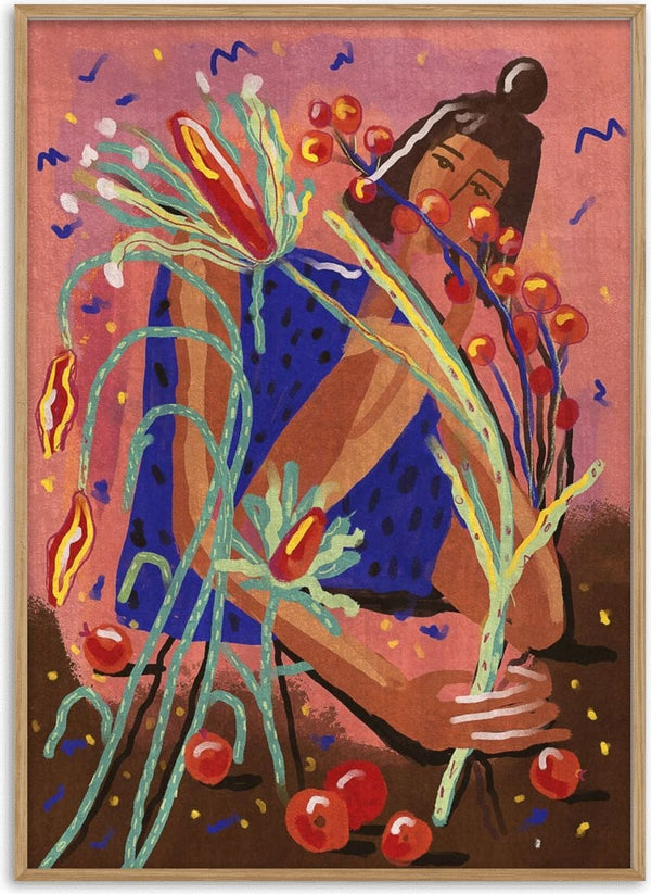 Illustration of a person in blue picking colorful abstract flowers, from "Pick a Flower" by Raissa Oltmanns.