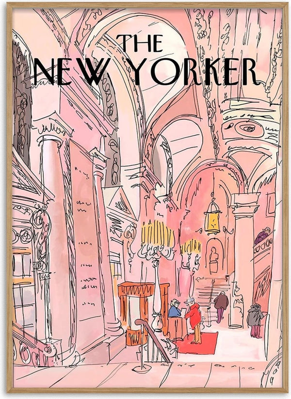 Illustration of an ornate pink room with arches and columns, featured on a Pink Room Plakat product page.