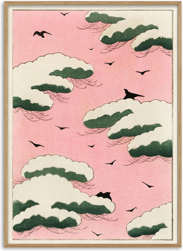 Japanese art print of green-edged clouds and birds against a pink sky from "Pink sky" by Watanabe Seitei.