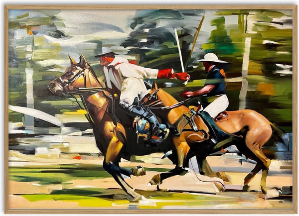 Players 3 by Adrian DeDea - two polo players galloping on bay horses against a blurred field